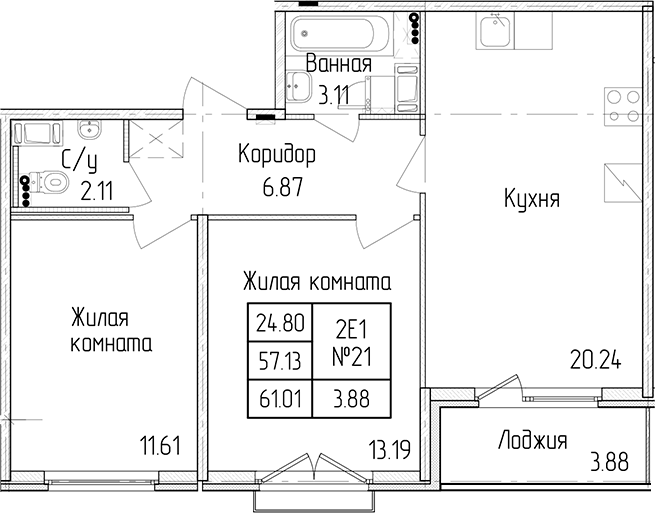 2-комнатная квартира 57.13 м², 3/4 эт., ЖК «Любоград в Стрельне»